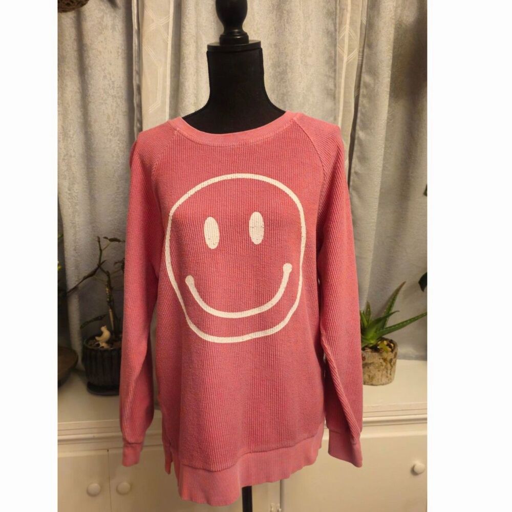 Adorable Altered State Pink Smiley Face Corduroy Sweatshirt - Cozy & Cute!